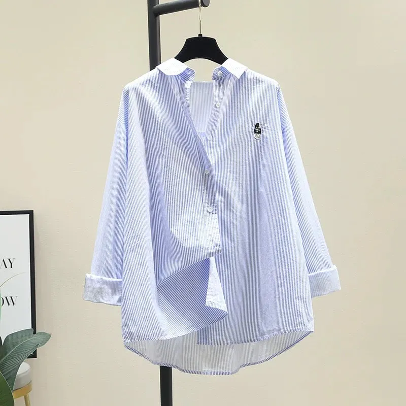 Blue vertical striped embroidered cotton shirt for women 2024 spring new casual literary style shirt bottoming shirt top