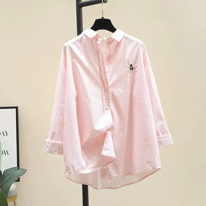 Blue vertical striped embroidered cotton shirt for women 2024 spring new casual literary style shirt bottoming shirt top