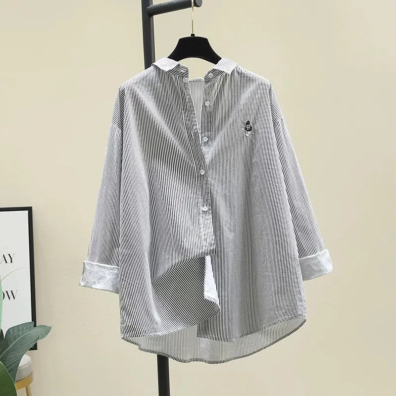 Blue vertical striped embroidered cotton shirt for women 2024 spring new casual literary style shirt bottoming shirt top