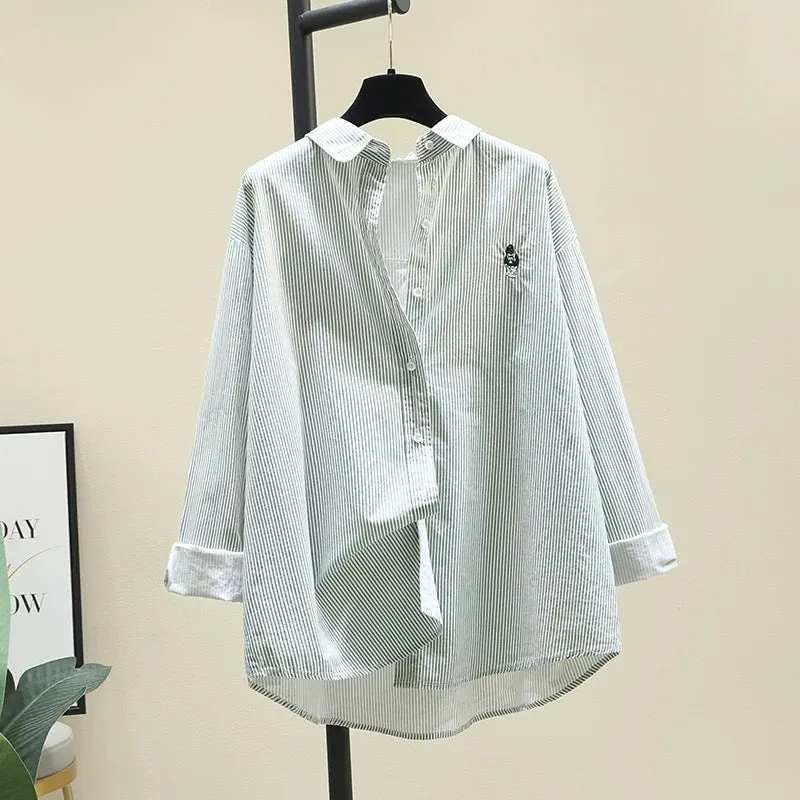 Blue vertical striped embroidered cotton shirt for women 2024 spring new casual literary style shirt bottoming shirt top