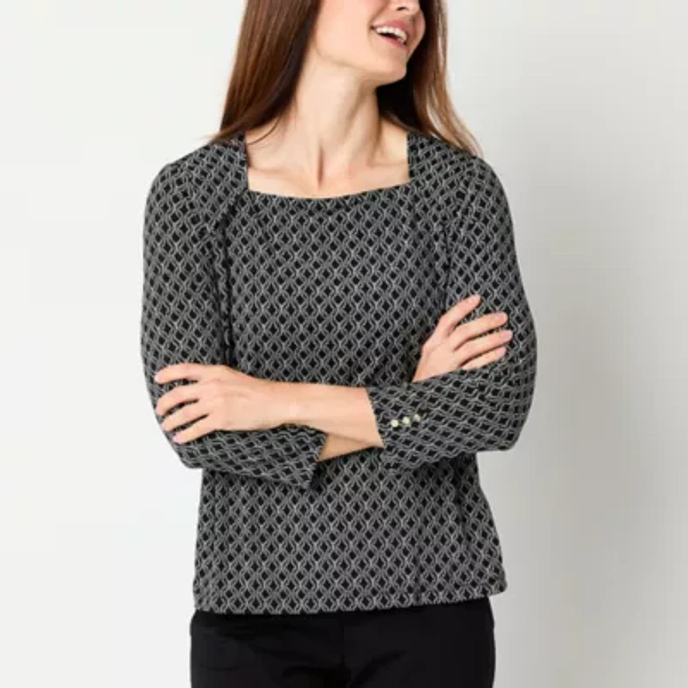 Liz Claiborne Womens Square Neck 3/4 Sleeve Blouse